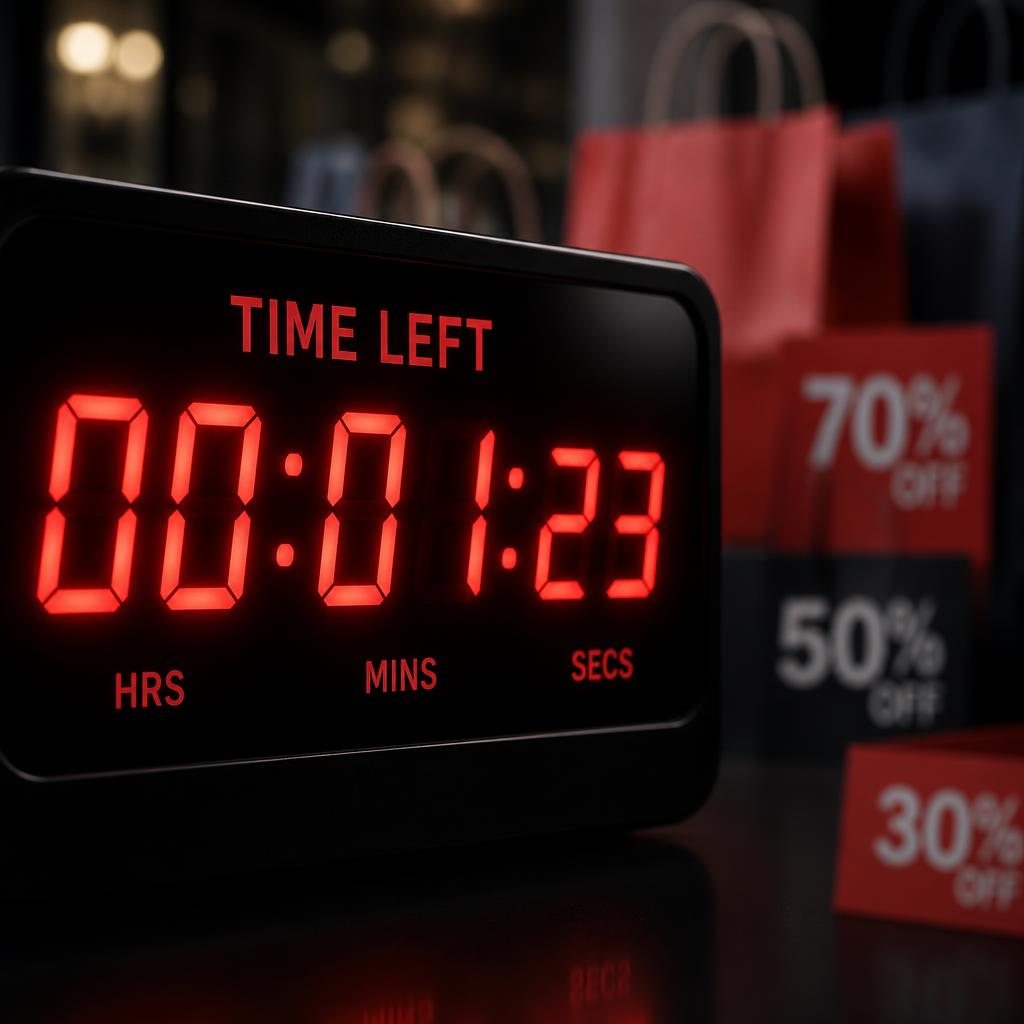 A dramatic close-up of a countdown timer display showing limited time remaining with blurred shopping bags and discount tags in the background